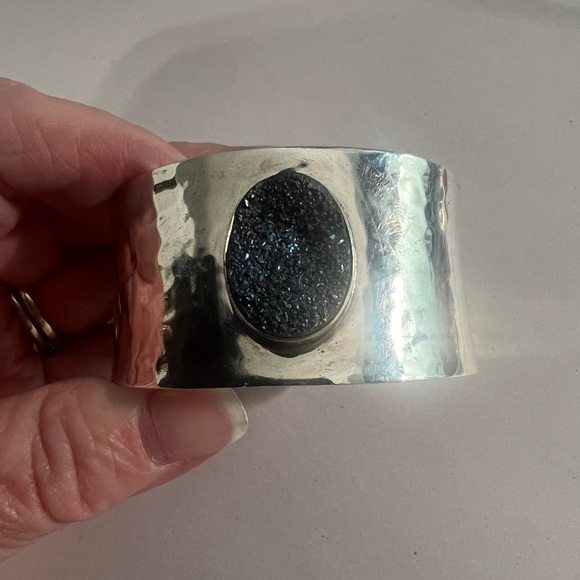 Designer “Dominique Dinouart” Sterling Silver Wide Hammered Blue Druzy Bracelet - Picture 1 of 5